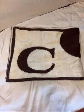 Coach: Monogram 'COACH’ Wool Scarf in Cream and Dark Brown (Reversible)